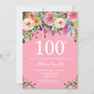 Pink Floral 100th Birthday Invitation