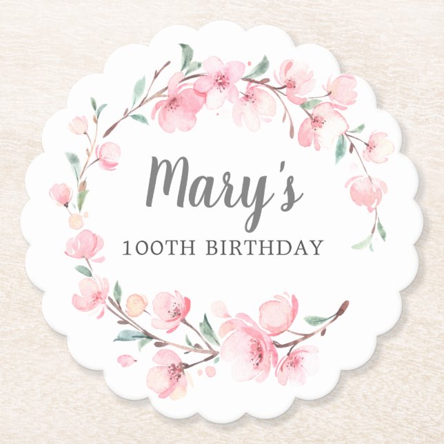 Pink Floral 100th Birthday Paper Coaster (Front)