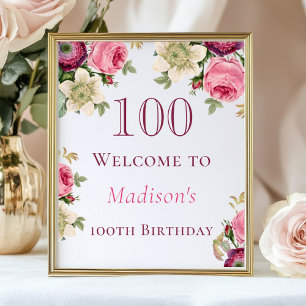 Pink Floral 100th Birthday Welcome Sign