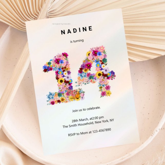 Pink Floral 14th Birthday Garden Spring Wildflower Invitation (boho soft pink floral, flower arrangement, invitation invite, cute unique girly, elegant modern, 14t)