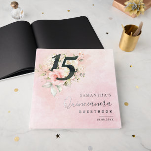 Pink Floral 15th Birthday Script Party Silver Foil Guest Book