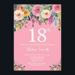 Pink Floral 18th Birthday Invitation<br><div class="desc">Pink Floral 18th Birthday Invitation for Women. Watercolor Floral Flower. Pink Background. Pink, Yellow, Orange, Purple Flower. Adult Birthday. 13th 15th 16th 18th 20th 21st 30th 40th 50th 60th 70th 80th 90th 100th, Any Ages. For further customization, please click the "Customize it" button and use our design tool to modify...</div>
