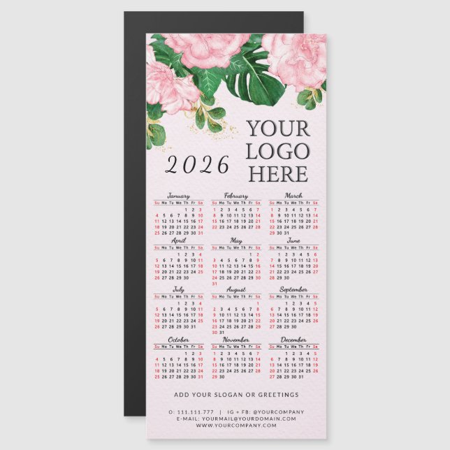 Pink Floral 2026 Calendrier Magnet Ajouter logo d' (Devant / Derrière)