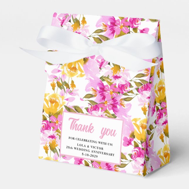 Pink Floral 25th Wedding Anniversary  Favor Box (Front Side)