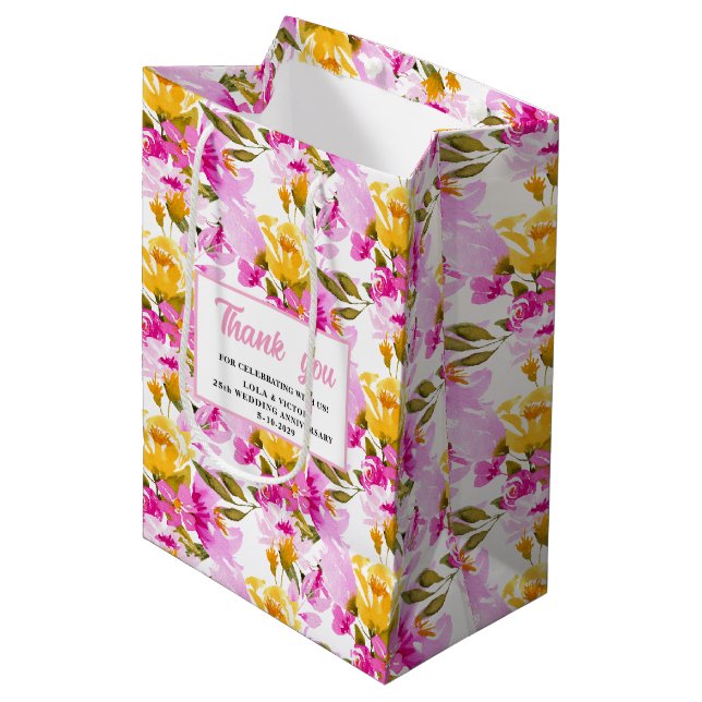 Pink Floral 25th Wedding Anniversary  Medium Gift Bag (Front Angled)