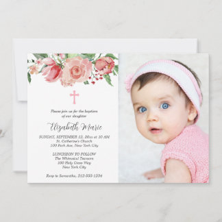 Pink Floral 2 Photo Bible Verse Baptism for Girls Invitation