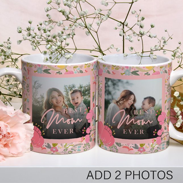 Pink floral 2 photo personalized Mothers Day cute  Coffee Mug (Creator Uploaded)