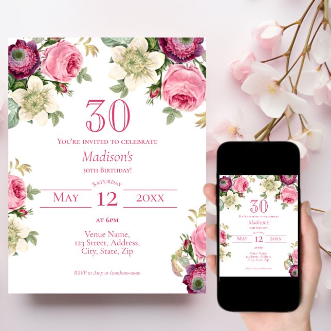 Pink Floral 30th Birthday Invitation (Creator Uploaded)