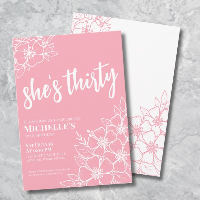 Pink Floral 30th Birthday Party Invitation (Elegant Floral Thirty Pink 30th Birthday Party Invitation)