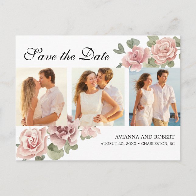 Pink Floral 3 Photo Wedding Save the Date Announcement Postcard (Front)