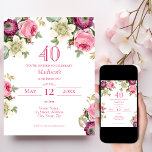 Pink Floral 40th Birthday Invitation<br><div class="desc">Looking for the perfect invitation for your upcoming 40th birthday bash? Look no further than these lovely pink floral invitations! With a delicate and beautiful design featuring pretty watercolor roses, anemones, and clematis with elegant font, these invitations will impress all your guests. Available to customize and purchase as card invitations,...</div>