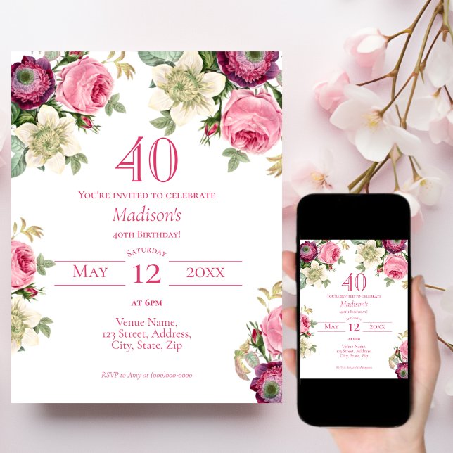 Pink Floral 40th Birthday Invitation (Creator Uploaded)