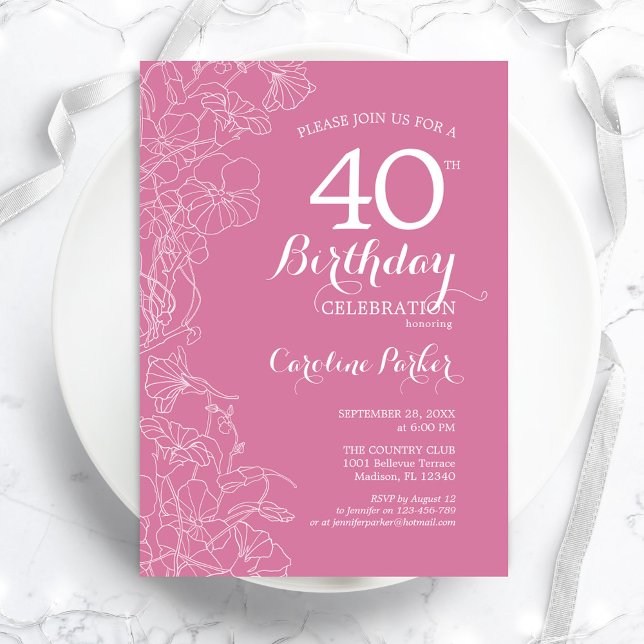 Pink Floral 40th Birthday Party Invitation (Creator Uploaded)