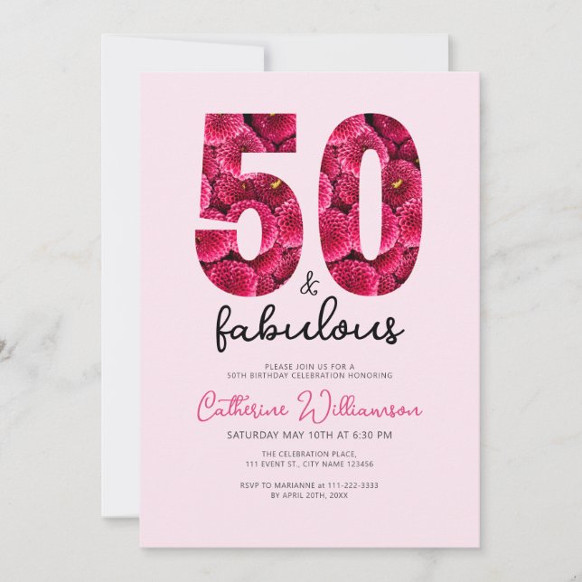 Pink Floral 50 and Fabulous Birthday Party Invitation (Front)
