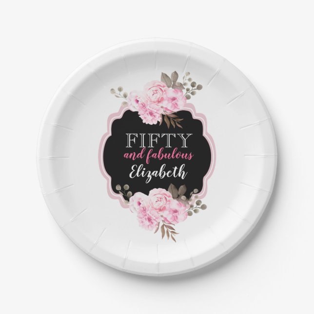 Pink Floral 50 and Fabulous Black & White Stripe Paper Plate (Front)