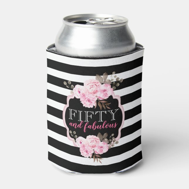 Pink Floral 50 & Fabulous Black White Stripe Can Cooler (Can Front)