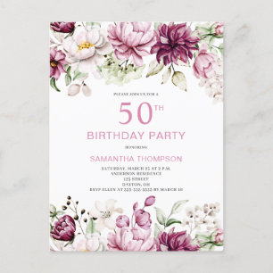 Pink Floral 50th Birthday Invitation Postcard
