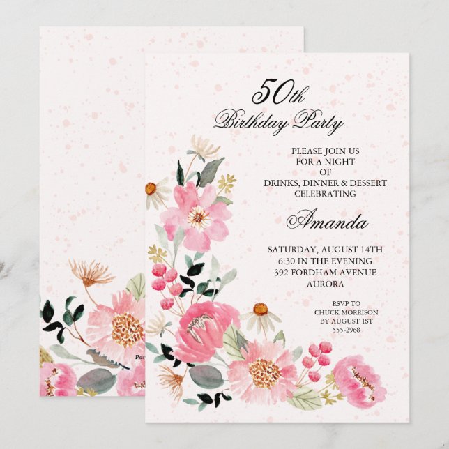 Pink Floral 50th Birthday Party Invitation (Front/Back)