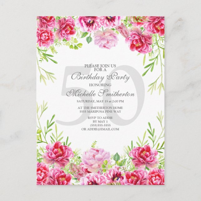 Pink Floral 50th Birthday Party Invitation Postcard (Front)