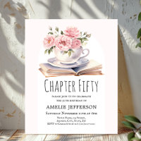 Pink Floral 50th Book Theme Birthday Invitation