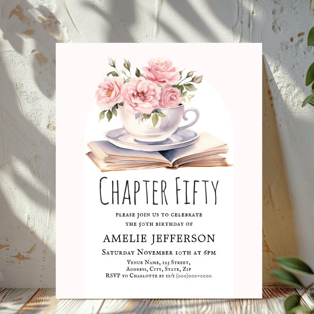 Pink Floral 50th Book Theme Birthday Invitation (Creator Uploaded)
