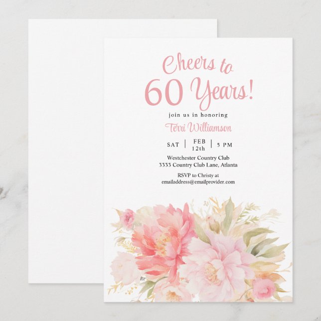 Pink Floral 60th Birthday Cheers to 60 Years Invitation (Front/Back)