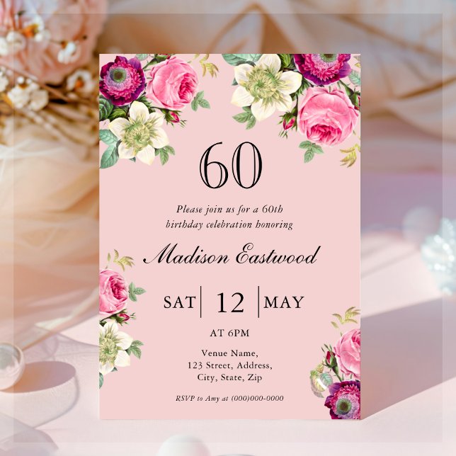 Pink Floral 60th Birthday Invitation (Creator Uploaded)