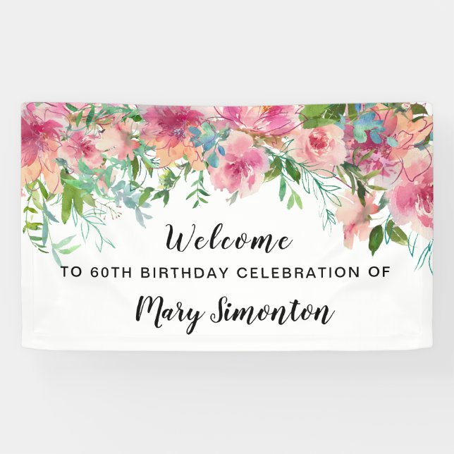 Pink Floral 60th Birthday Party Welcome Banner (Horizontal)