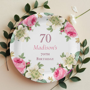Pink Floral 70th Birthday  Paper Plate