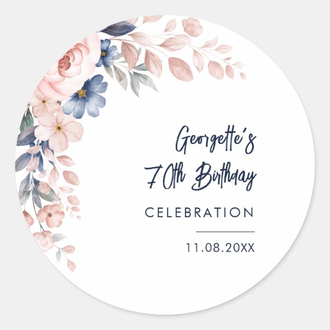 Pink Floral 70th Birthday Party Botanical Classic Round Sticker (Front)