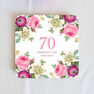 Pink Floral 70th Birthday Square Paper Coaster