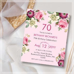Pink Floral 70th Budget Birthday Invitation