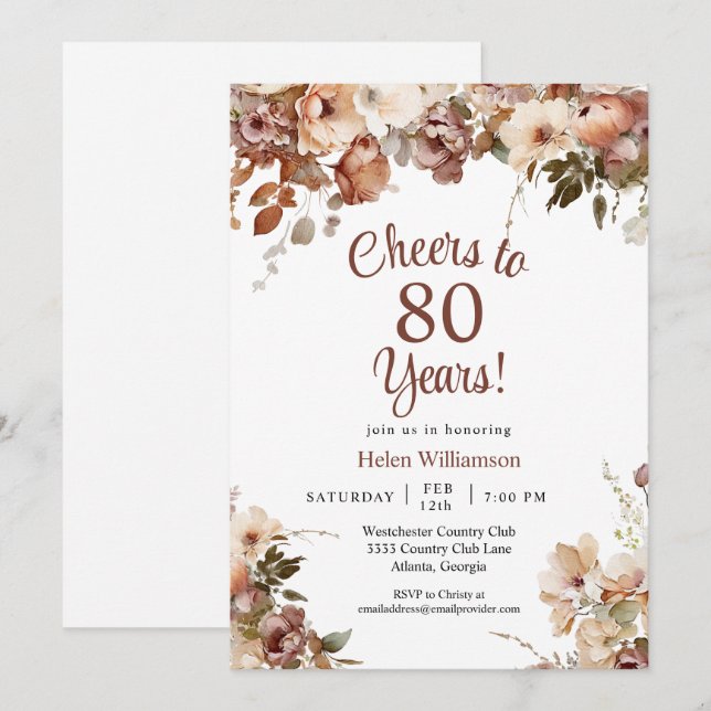 Pink Floral 80th Birthday Cheers to 80 Years Invitation (Front/Back)