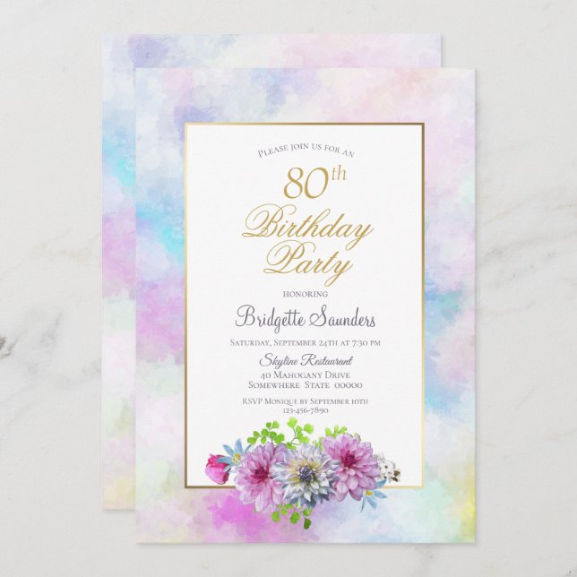 Pink Floral 80th Birthday Invitation (Front/Back)