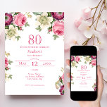 Pink Floral | 80th Birthday Invitation<br><div class="desc">Looking for the perfect invitation for your upcoming 80th birthday bash? Look no further than these lovely pink floral invitations! With a delicate and beautiful design featuring pretty watercolor roses, anemones, and clematis with elegant font, these invitations will impress all your guests. Available to customize and purchase as card invitations,...</div>