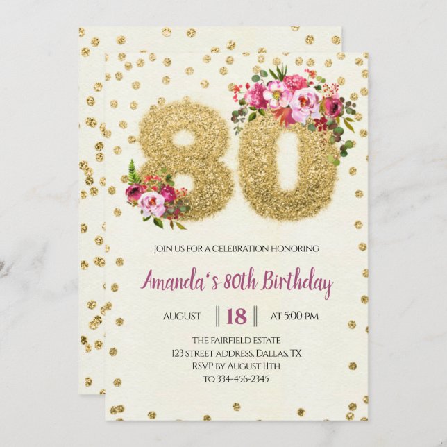 Pink Floral 80th Birthday Invitation (Devant / Derrière)