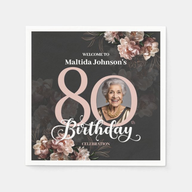 Pink Floral 80th Birthday Napkin (Front)