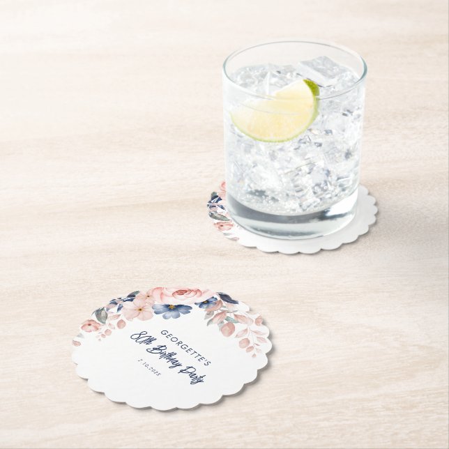 Pink Floral 80th Birthday Party Script Paper Coaster (Insitu)