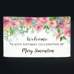 Pink Floral 80th Birthday Party Welcome Banner<br><div class="desc">Beautiful flowers create a stunning 80th birthday party welcome banner. A gorgeous combination of bright pink peonies with lots of greenery with assorted vines and leaves make it a very modern floral design. It has a bit of a Boho Chic vibe, because of the dangling vines and leaves. This bridal...</div>