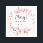 Pink Floral 80th Birthday Thank You Napkin<br><div class="desc">Beautiful pink cherry blossoms and sage green create a rustic wreath to celebrate a 80th birthday. The birthday celebrant's name is in the centre,  80th birthday and a thank you sentiment.</div>