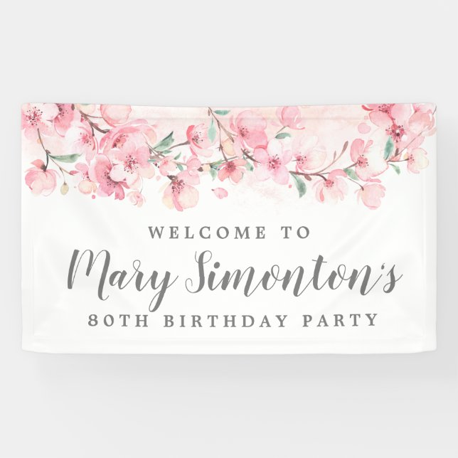 Pink Floral 80th Birthday Welcome Banner (Horizontal)
