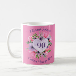 Pink Floral 90th Birthday Mug for Women