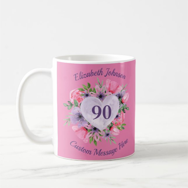 Pink Floral 90th Birthday Mug for Women (Left)