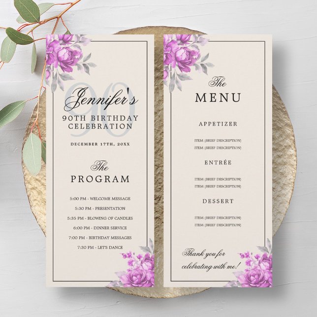 Pink Floral 90th Birthday Party Program Menu  (Pink Floral 90th Birthday Party Program Menu )
