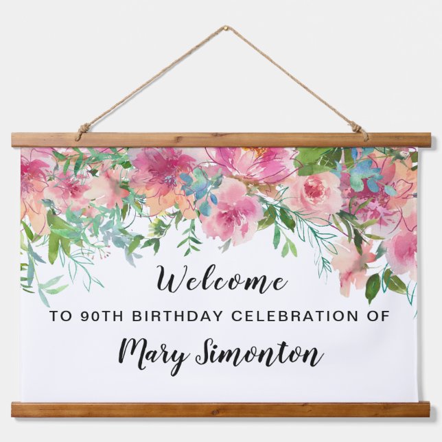 Pink Floral 90th Birthday Party Welcome Banner Hanging Tapestry (Front)