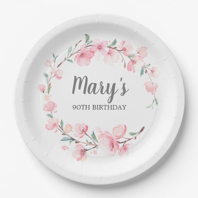 Pink Floral 90th Birthday Thank You Paper Plate (Front)