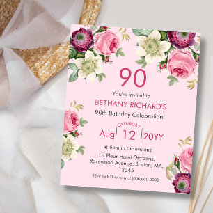 Pink Floral   90th Budget Birthday Invitation