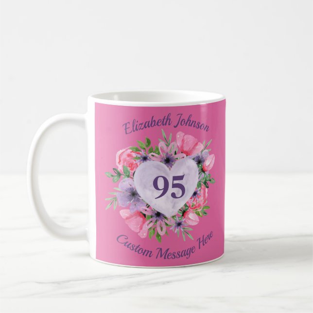 Pink Floral 95th Birthday Mug for Women (Left)