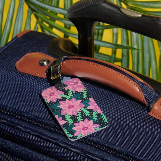 Pink floral Abstract on Black  Luggage Tag (Front Insitu 1)