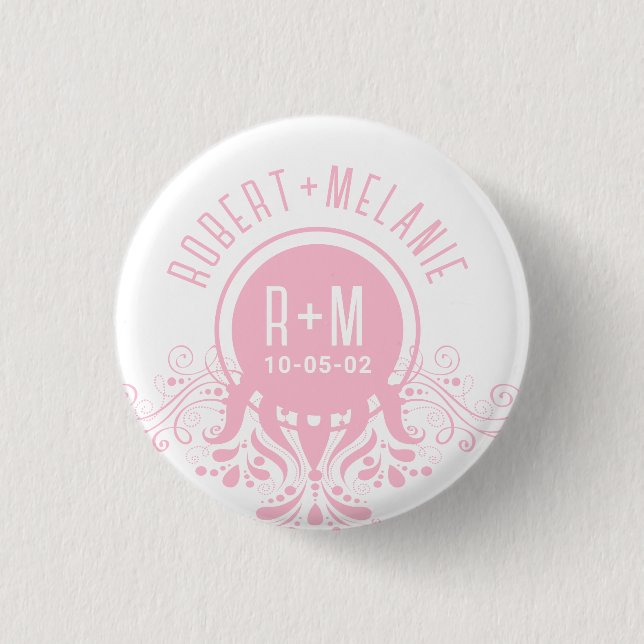Pink Floral Accent Wedding Coaster 1 Inch Round Button (Front)